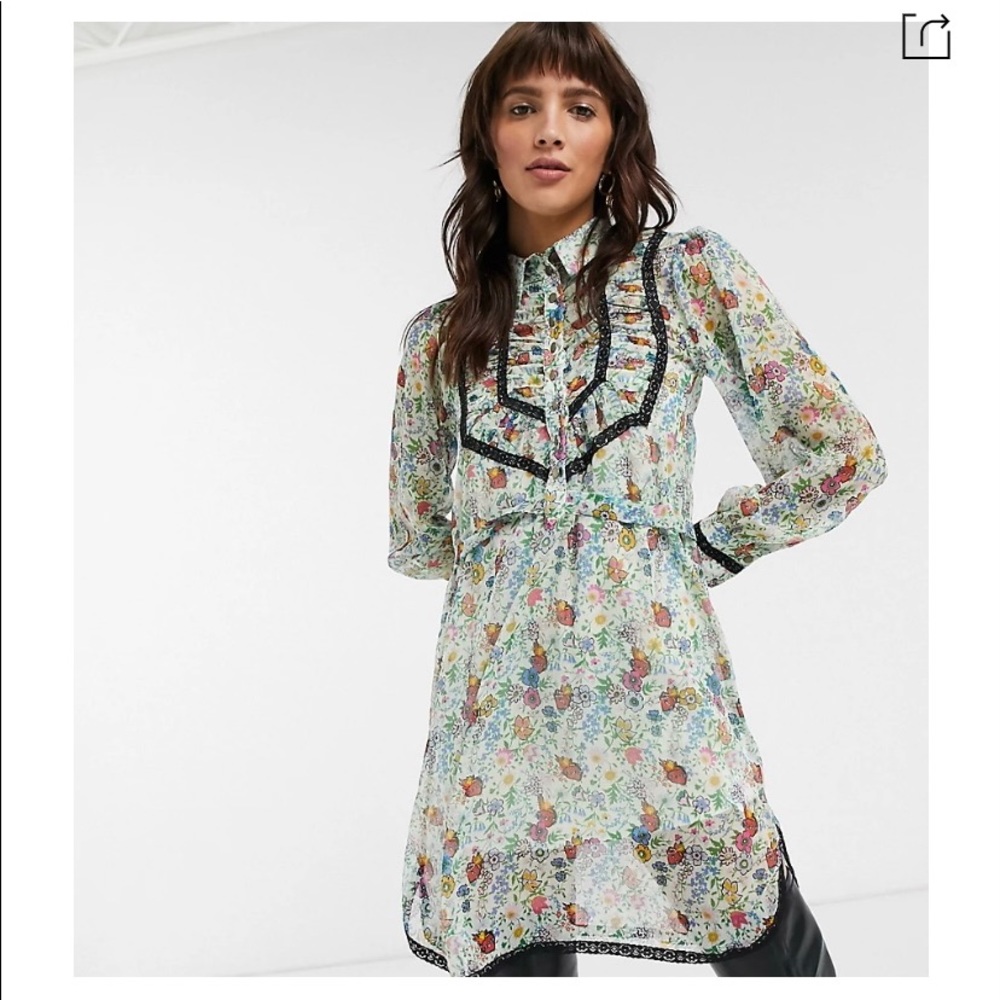 TOPSHOP
Idol Shirt Dress With Ruffle Detail In Floral Print-multi.